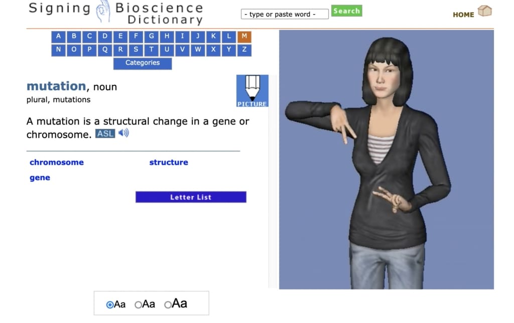Screengrab from the Signing Bioscience Dictionary website. The left side of the image provides the definition of mutation and the right side depicts an animated video of the ASL sign.
