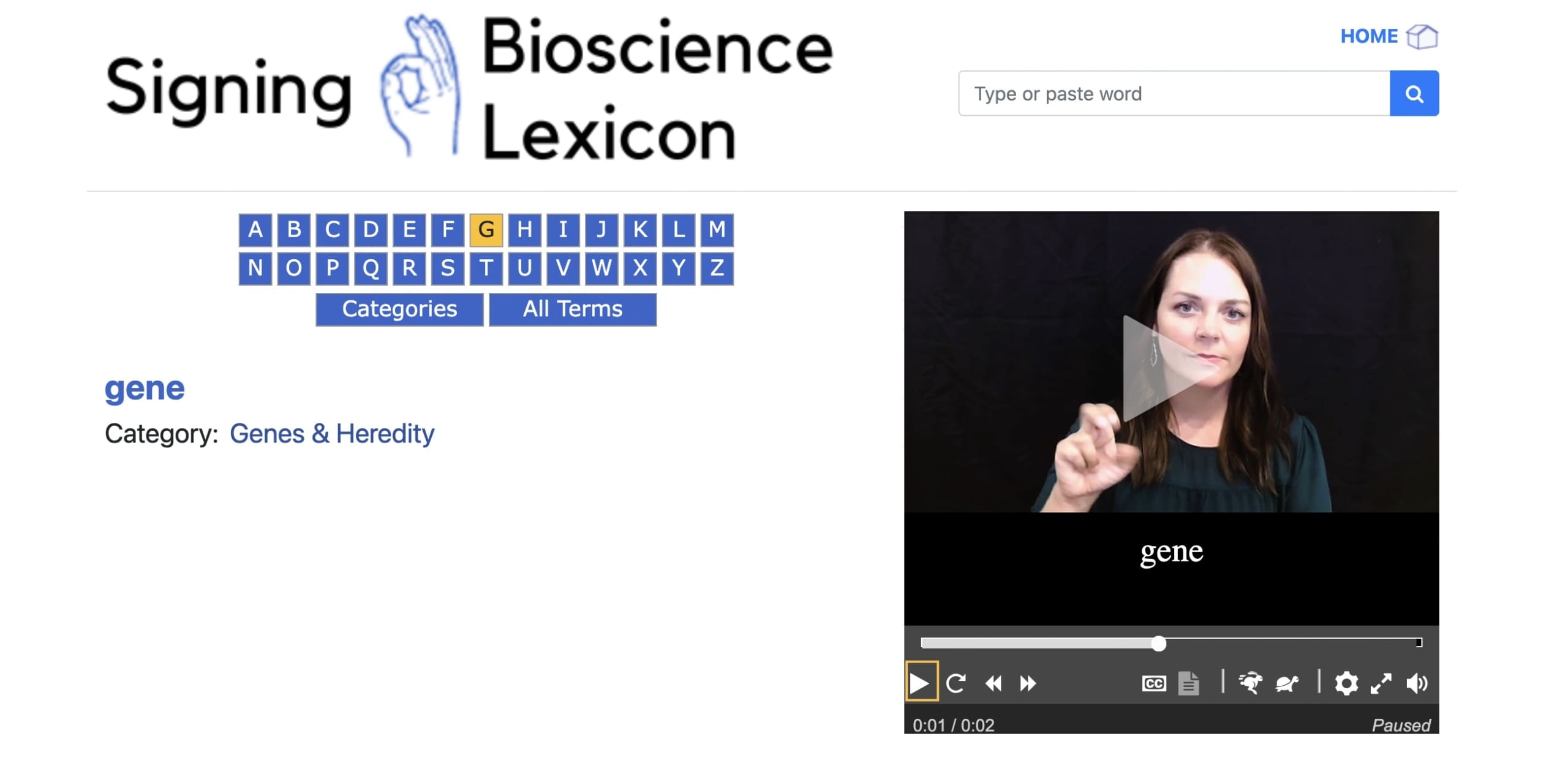 Screengrab from the Signing Bioscience Lexicon website. The left side of the image provides the definition of gene and the right side depicts a live video of the ASL sign.